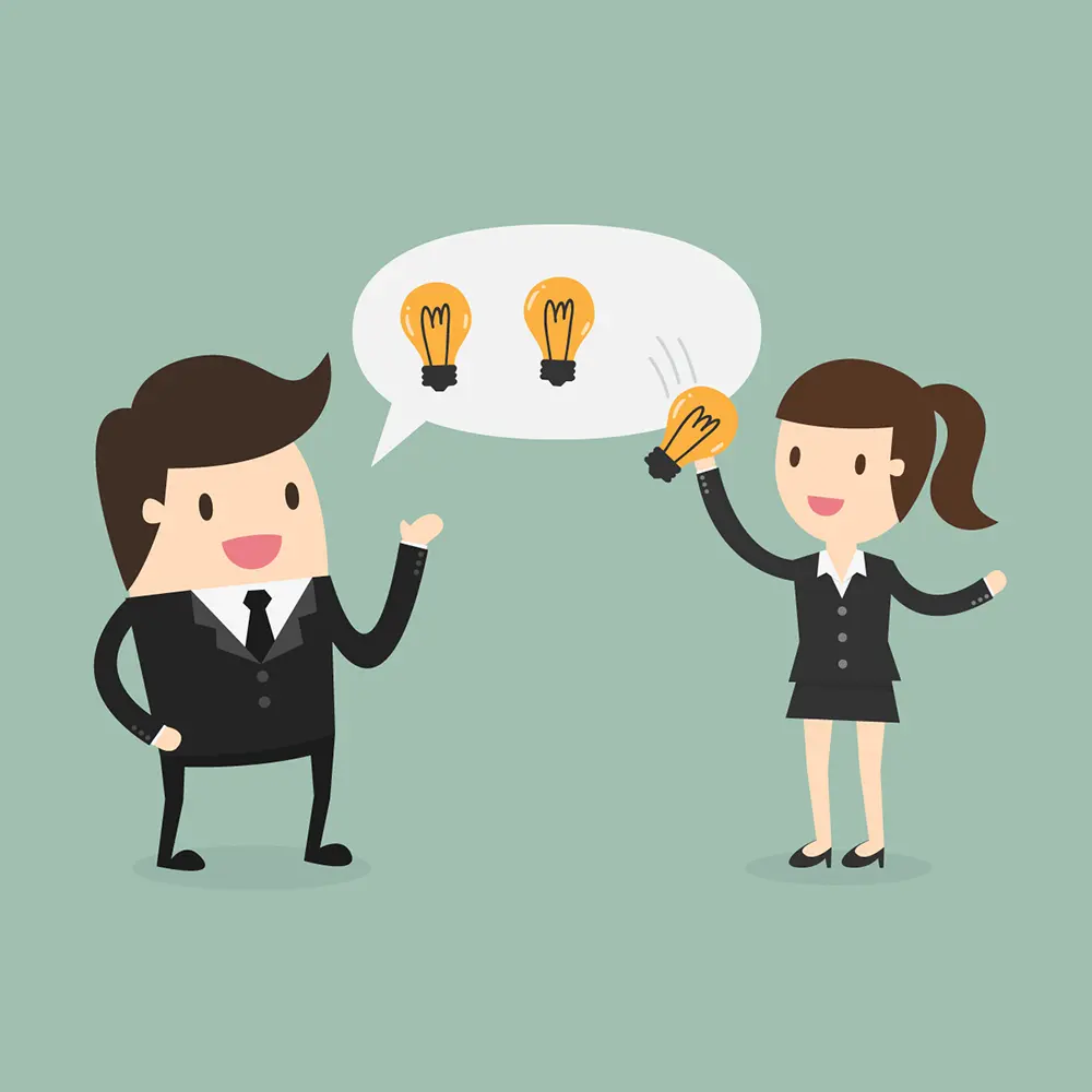 A comic-style image of a person speaking clearly and another person understanding with a lightbulb above their head.